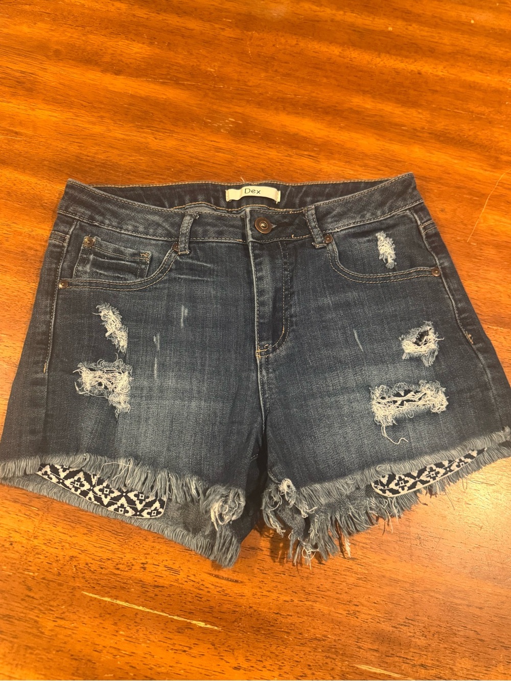 Dex Distressed Dark Blue Denim Shorts with Fringe Trim